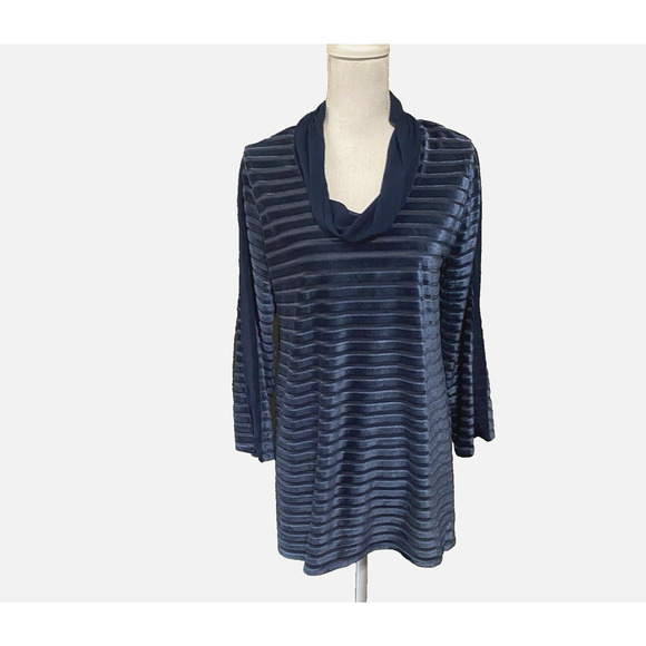 Soft Surroundings Velvet Chiffon Cowl Neck Tunic Sz M‎ Blue Striped Lined Party - Picture 1 of 9